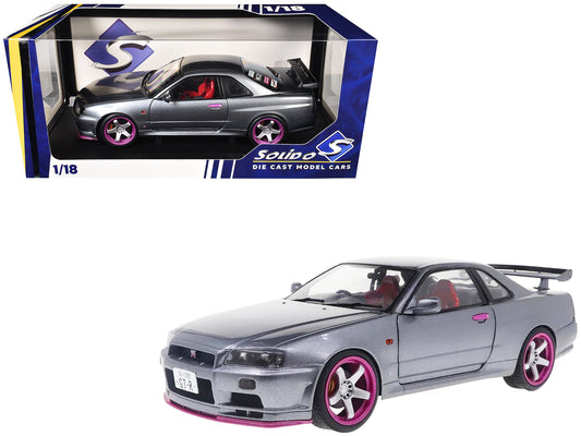 1999 Nissan Skyline GT-R (R34) RHD (Right Hand Drive) Silver Metallic with Purple Wheels 1/18 Diecast Model Car