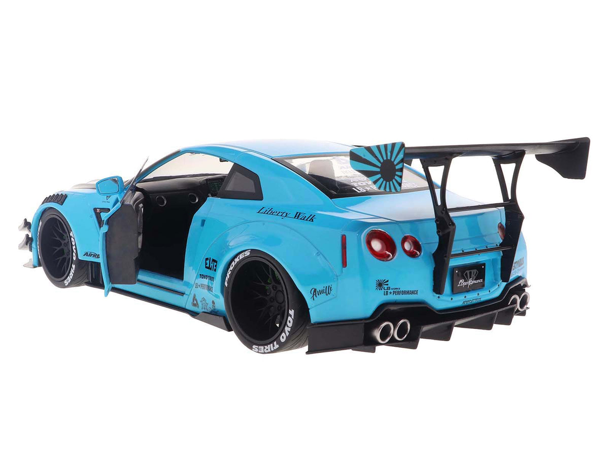 2023 Nissan GT-R (R35) Liberty Walk Body Kit 2.0 RHD (Right Hand Drive) Baby Blue with Carbon Hood 1/18 Diecast Model Car