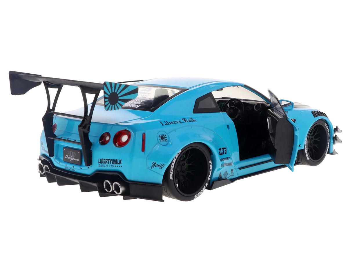 2023 Nissan GT-R (R35) Liberty Walk Body Kit 2.0 RHD (Right Hand Drive) Baby Blue with Carbon Hood 1/18 Diecast Model Car