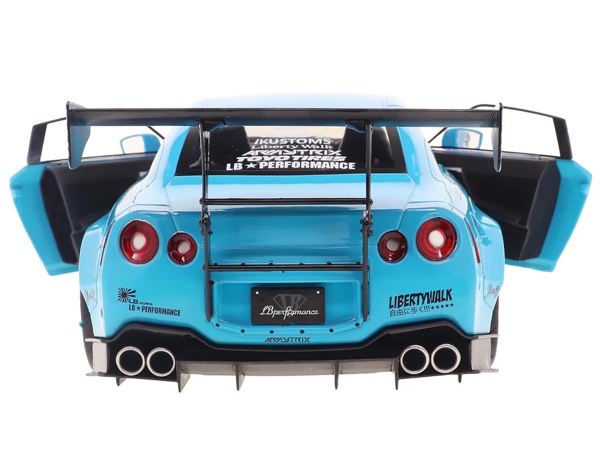 2023 Nissan GT-R (R35) Liberty Walk Body Kit 2.0 RHD (Right Hand Drive) Baby Blue with Carbon Hood 1/18 Diecast Model Car