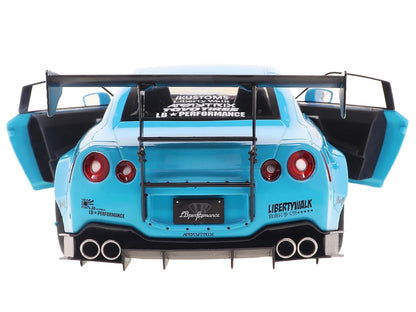 2023 Nissan GT-R (R35) Liberty Walk Body Kit 2.0 RHD (Right Hand Drive) Baby Blue with Carbon Hood 1/18 Diecast Model Car