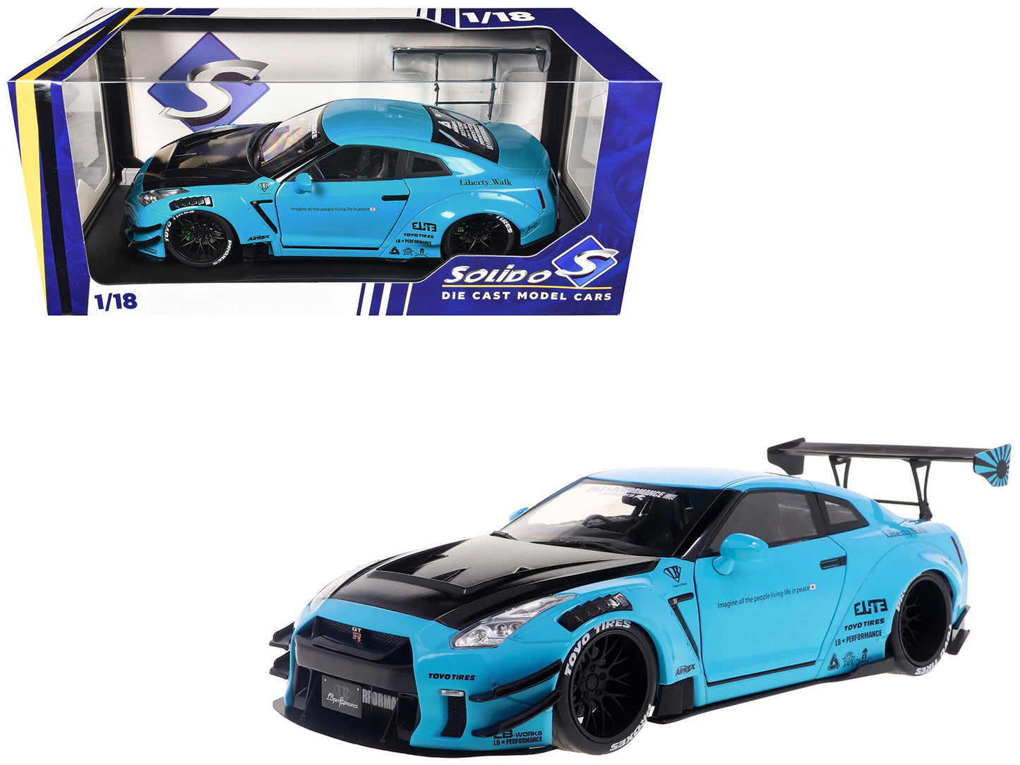2023 Nissan GT-R (R35) Liberty Walk Body Kit 2.0 RHD (Right Hand Drive) Baby Blue with Carbon Hood 1/18 Diecast Model Car