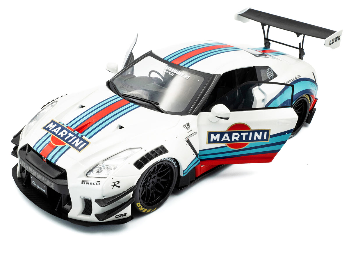 2024 Nissan GT-R (R35) RHD (Right Hand Drive) with Liberty Walk 2.0 Body Kit "Martini Racing" White with Stripes 1/18 Diecast Model Car