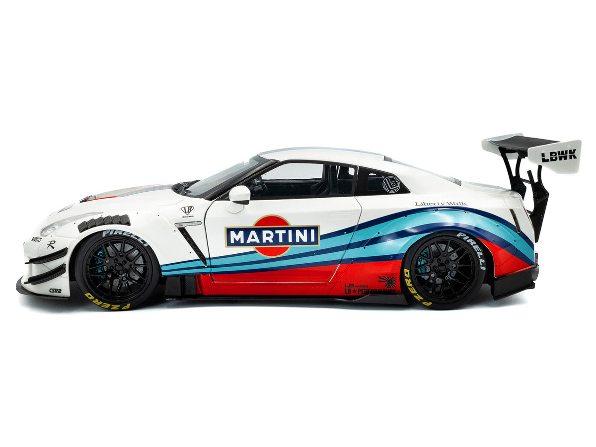 2024 Nissan GT-R (R35) RHD (Right Hand Drive) with Liberty Walk 2.0 Body Kit "Martini Racing" White with Stripes 1/18 Diecast Model Car