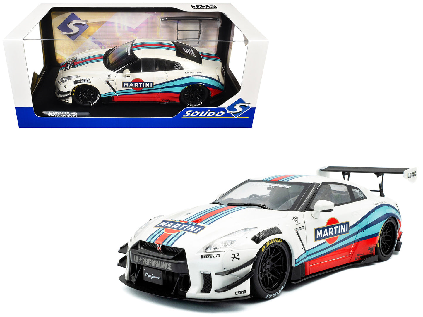 2024 Nissan GT-R (R35) RHD (Right Hand Drive) with Liberty Walk 2.0 Body Kit "Martini Racing" White with Stripes 1/18 Diecast Model Car