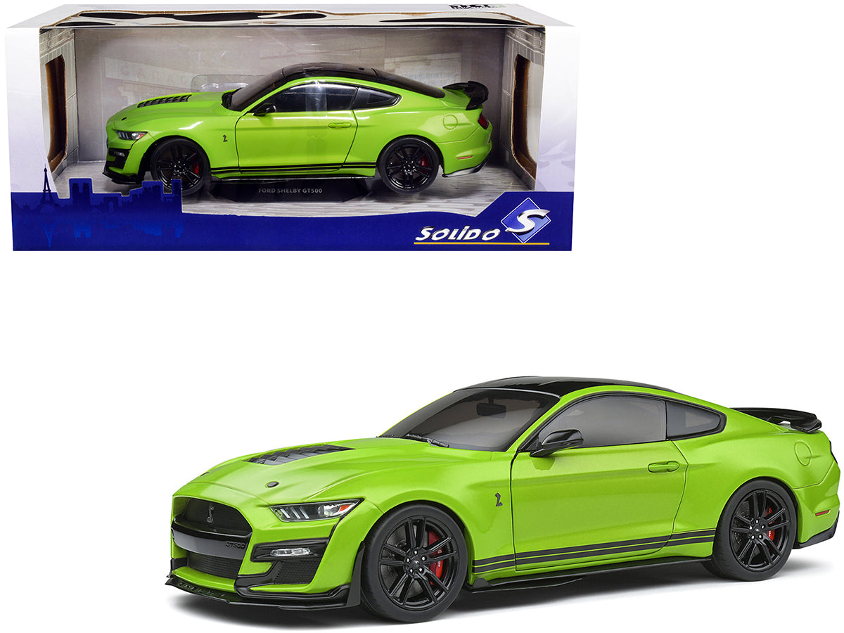 2020 Ford Mustang Shelby GT500 Grabber Lime Green Metallic with Black Top and Stripes 1/18 Diecast Model Car