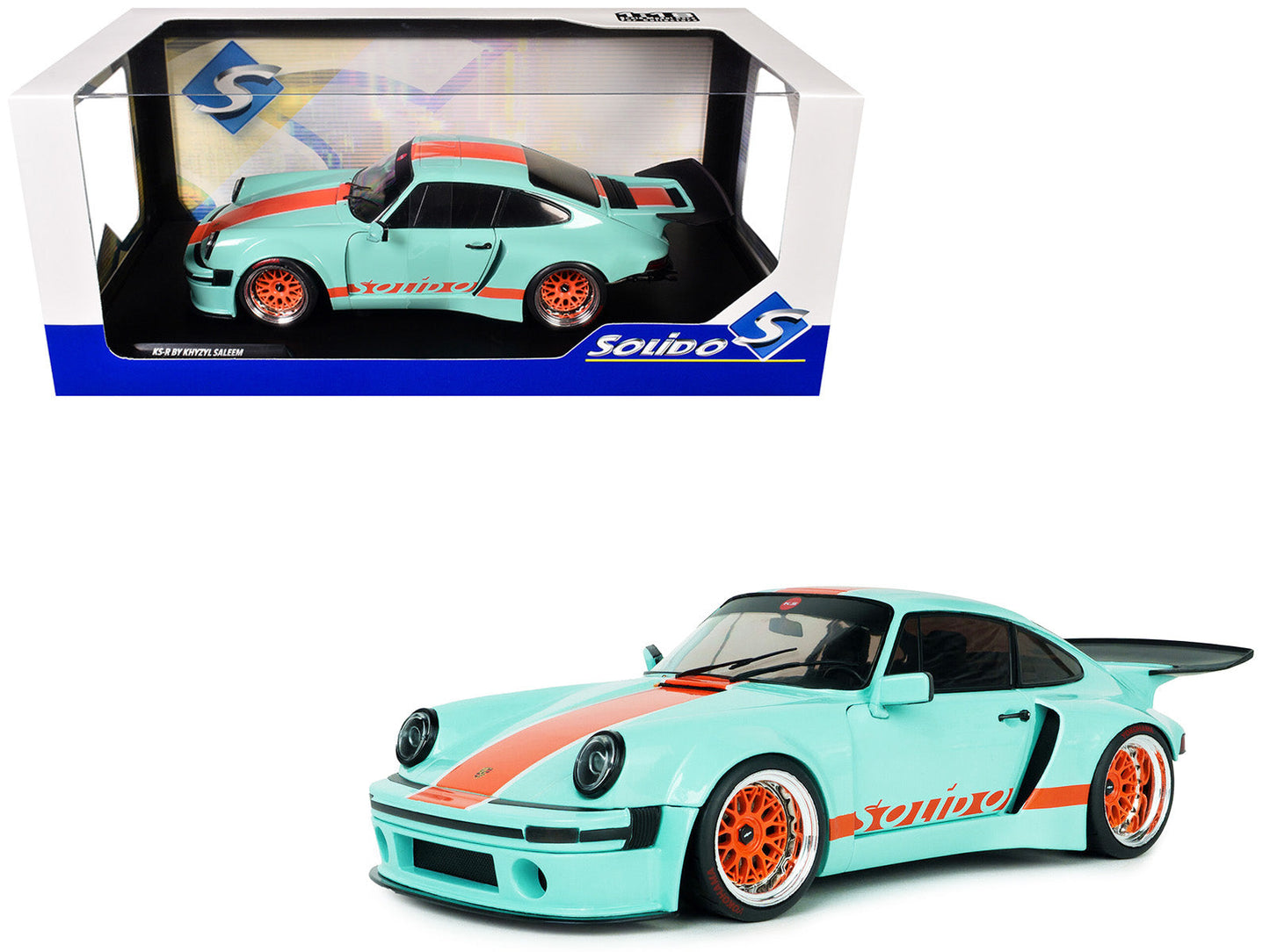 2025 Porsche 911 KS-R by Khyzyl Saleem "Blue Racer" Light Blue with Orange Stripes 1/18 Diecast Model Car