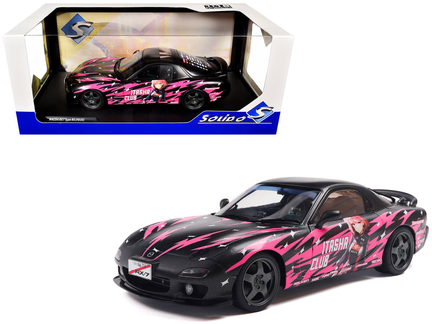 1994 Mazda RX7 (FDRS) RHD (Right Hand Drive) "Itasha Club" Black Metallic with Pink Graphics 1/18 Diecast Model Car