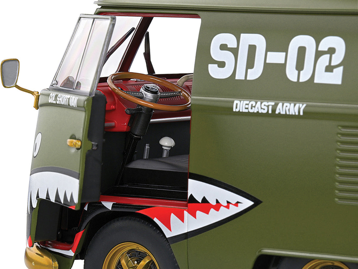 1950 Volkswagen Kool Kombi Van with Trailer "Army Fighter" Green with Graphics 1/18 Diecast Model Car