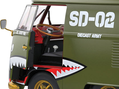 1950 Volkswagen Kool Kombi Van with Trailer "Army Fighter" Green with Graphics 1/18 Diecast Model Car