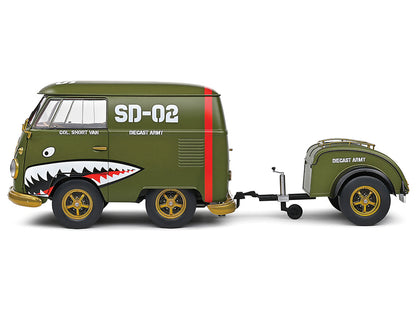 1950 Volkswagen Kool Kombi Van with Trailer "Army Fighter" Green with Graphics 1/18 Diecast Model Car