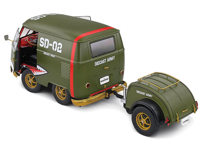 1950 Volkswagen Kool Kombi Van with Trailer "Army Fighter" Green with Graphics 1/18 Diecast Model Car