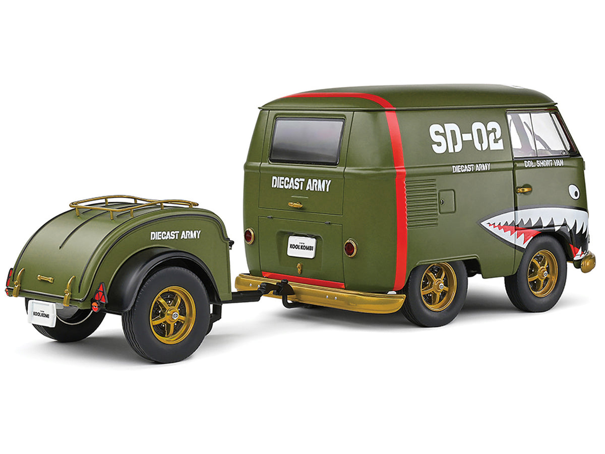 1950 Volkswagen Kool Kombi Van with Trailer "Army Fighter" Green with Graphics 1/18 Diecast Model Car