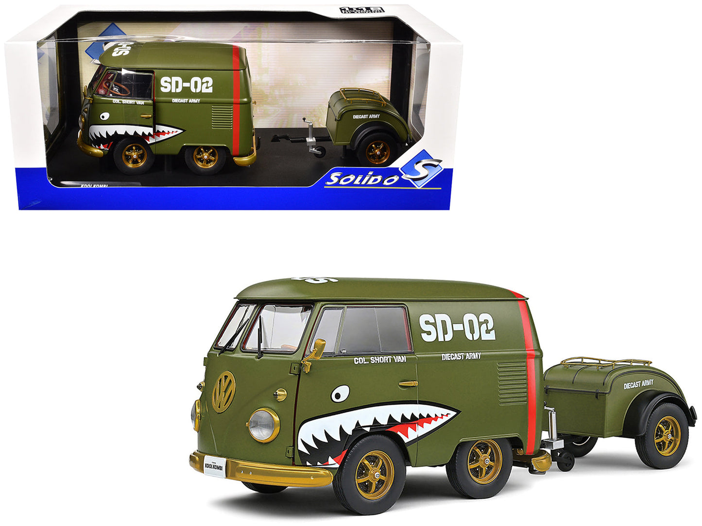 1950 Volkswagen Kool Kombi Van with Trailer "Army Fighter" Green with Graphics 1/18 Diecast Model Car