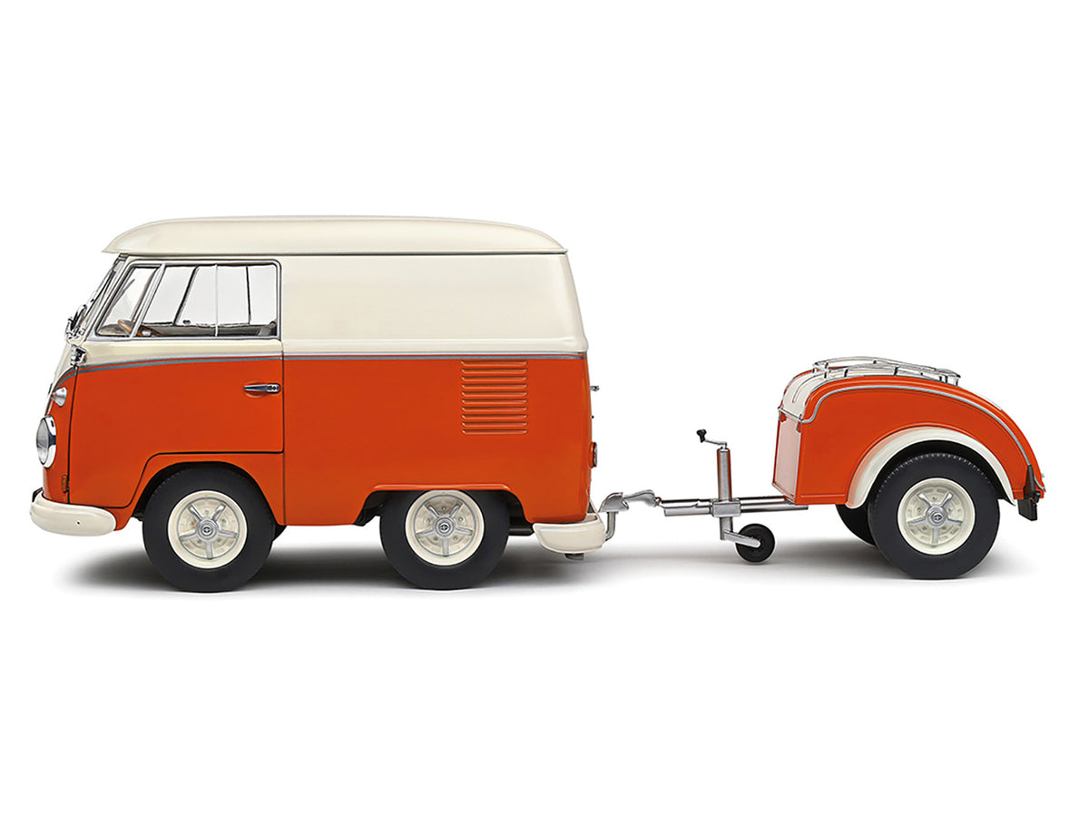 1950 Volkswagen Kool Kombi Van with Trailer Orange and White 1/18 Diecast Model Car