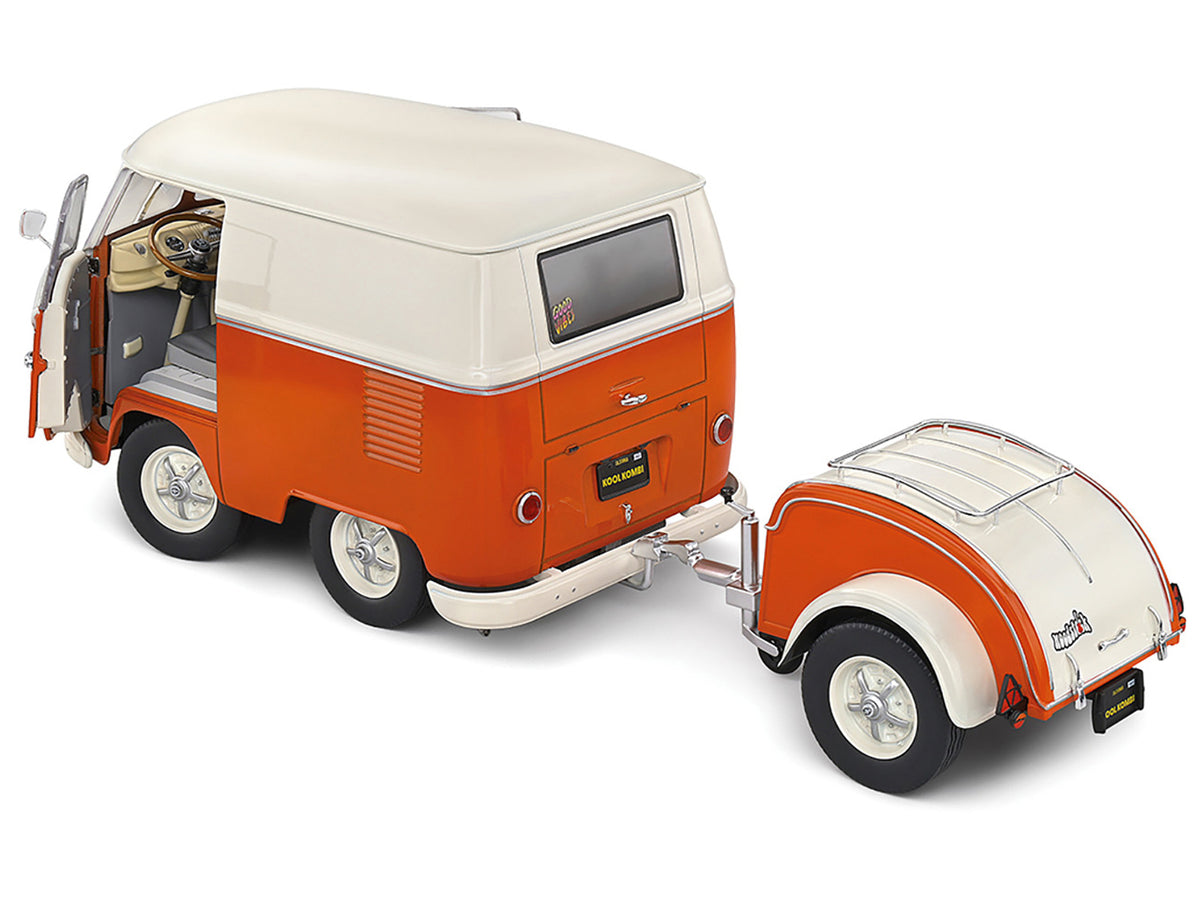 1950 Volkswagen Kool Kombi Van with Trailer Orange and White 1/18 Diecast Model Car