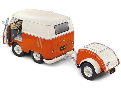 1950 Volkswagen Kool Kombi Van with Trailer Orange and White 1/18 Diecast Model Car