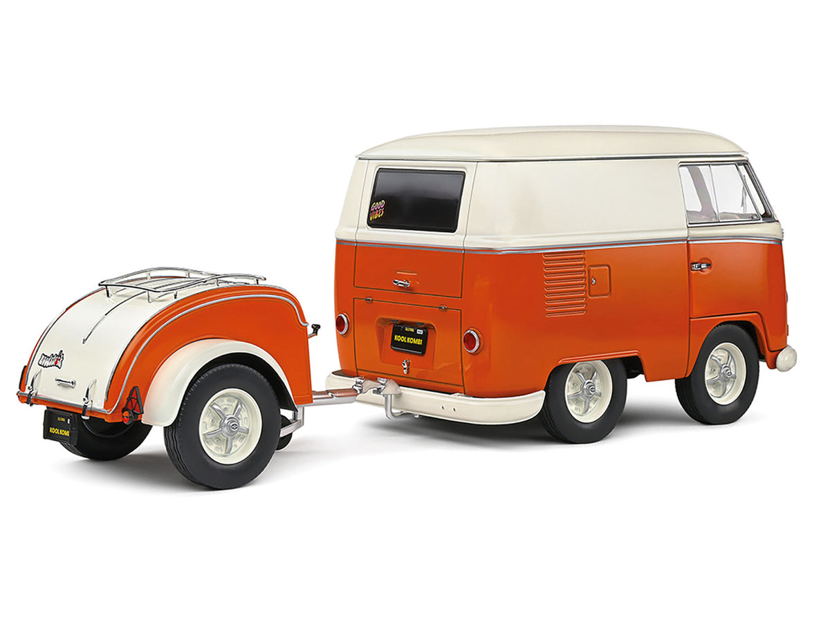 1950 Volkswagen Kool Kombi Van with Trailer Orange and White 1/18 Diecast Model Car