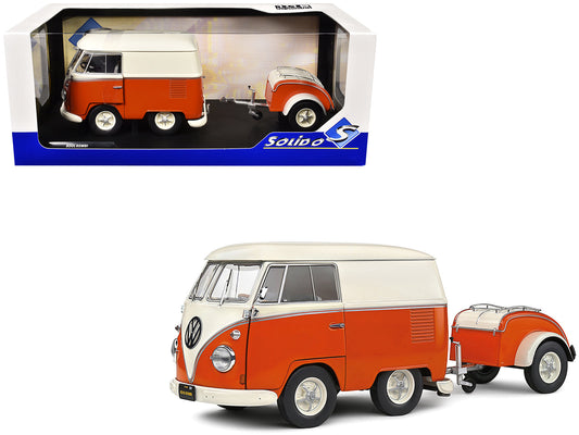 1950 Volkswagen Kool Kombi Van with Trailer Orange and White 1/18 Diecast Model Car