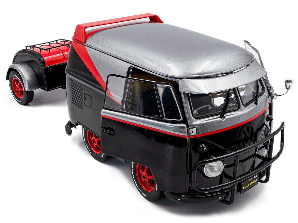 2024 Volkswagen Kool Kombi Sport Van with Trailer Black and Silver with Red Stripe 1/18 Diecast Model Car