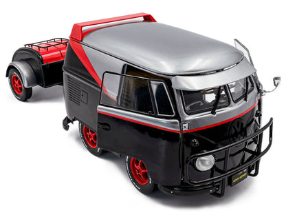 2024 Volkswagen Kool Kombi Sport Van with Trailer Black and Silver with Red Stripe 1/18 Diecast Model Car