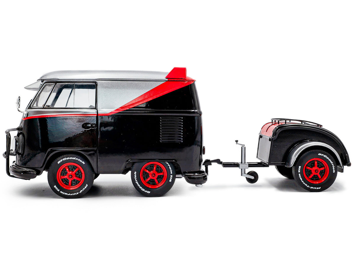 2024 Volkswagen Kool Kombi Sport Van with Trailer Black and Silver with Red Stripe 1/18 Diecast Model Car