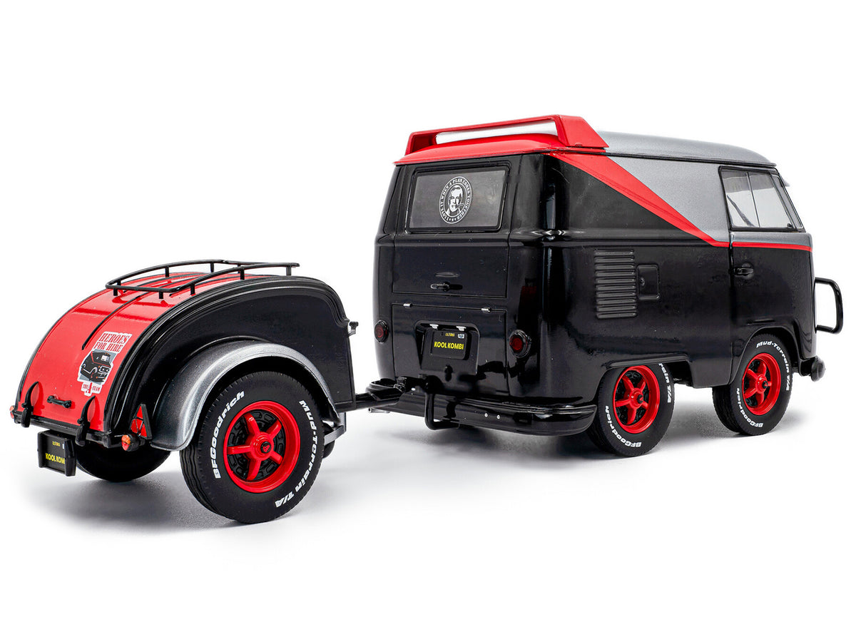 2024 Volkswagen Kool Kombi Sport Van with Trailer Black and Silver with Red Stripe 1/18 Diecast Model Car