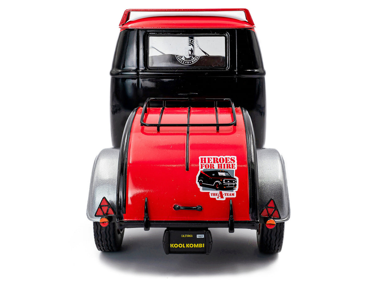 2024 Volkswagen Kool Kombi Sport Van with Trailer Black and Silver with Red Stripe 1/18 Diecast Model Car