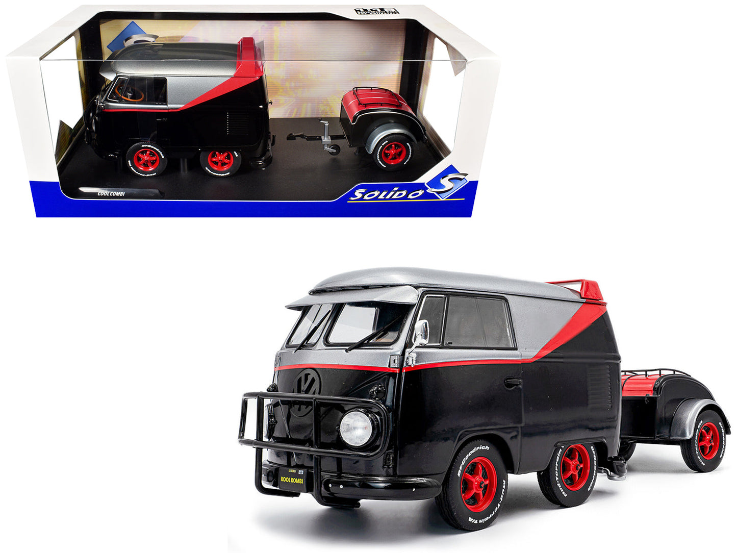2024 Volkswagen Kool Kombi Sport Van with Trailer Black and Silver with Red Stripe 1/18 Diecast Model Car