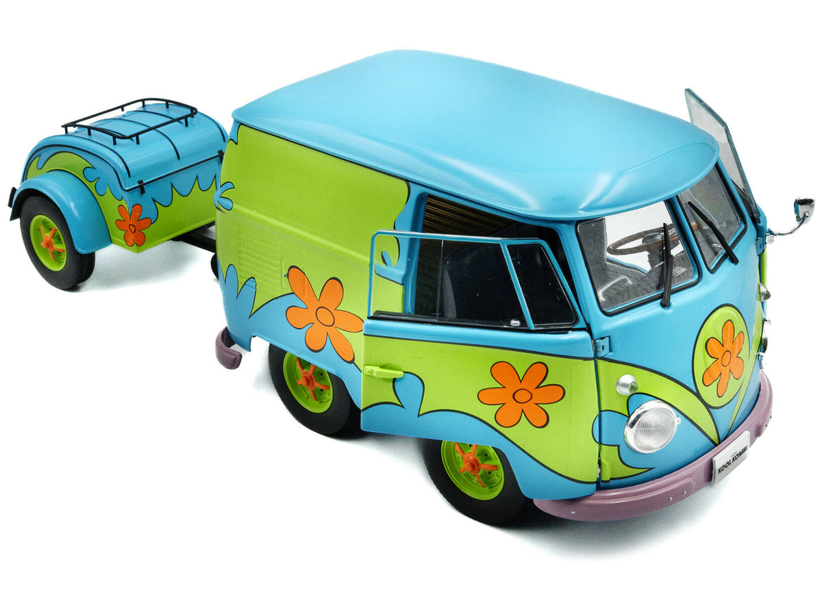 2024 Volkswagen Kool Kombi Van with Trailer "Ghost Hunter" Blue and Green with Graphics 1/18 Diecast Model Car