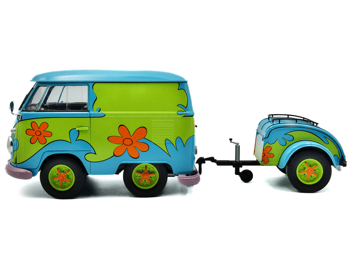 2024 Volkswagen Kool Kombi Van with Trailer "Ghost Hunter" Blue and Green with Graphics 1/18 Diecast Model Car