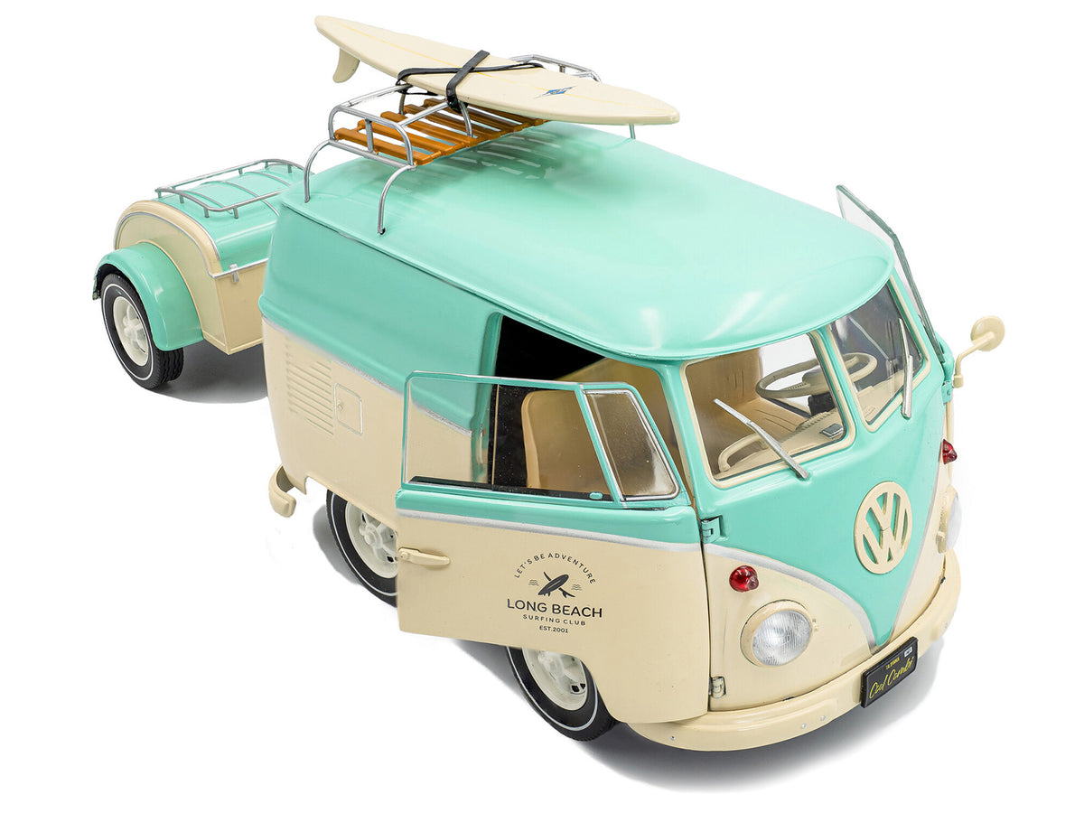 2024 Volkswagen Cool Combi Van with Trailer "Long Beach Surfing Club" Mint Green and Cream with Roof Rack and Surfboard 1/18 Diecast Model Car