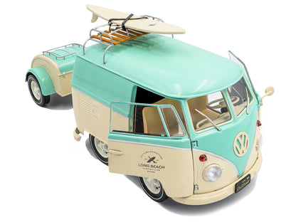2024 Volkswagen Cool Combi Van with Trailer "Long Beach Surfing Club" Mint Green and Cream with Roof Rack and Surfboard 1/18 Diecast Model Car