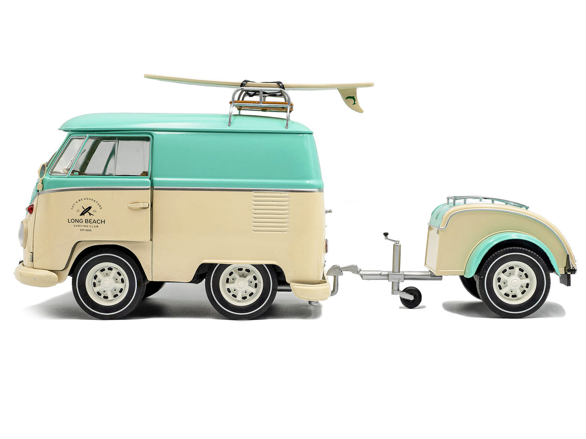 2024 Volkswagen Cool Combi Van with Trailer "Long Beach Surfing Club" Mint Green and Cream with Roof Rack and Surfboard 1/18 Diecast Model Car