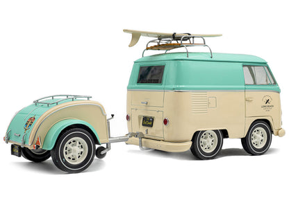 2024 Volkswagen Cool Combi Van with Trailer "Long Beach Surfing Club" Mint Green and Cream with Roof Rack and Surfboard 1/18 Diecast Model Car