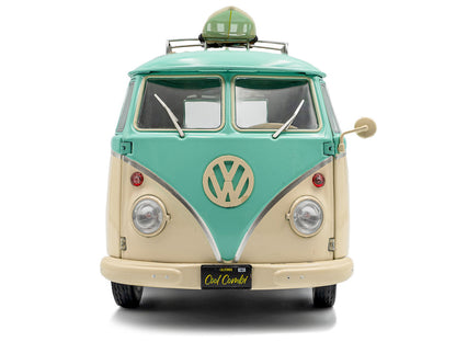 2024 Volkswagen Cool Combi Van with Trailer "Long Beach Surfing Club" Mint Green and Cream with Roof Rack and Surfboard 1/18 Diecast Model Car