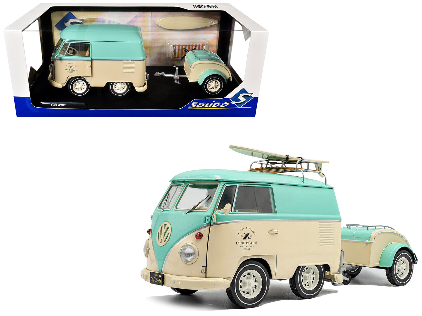 2024 Volkswagen Cool Combi Van with Trailer "Long Beach Surfing Club" Mint Green and Cream with Roof Rack and Surfboard 1/18 Diecast Model Car