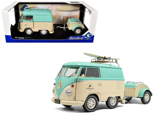 2024 Volkswagen Cool Combi Van with Trailer "Long Beach Surfing Club" Mint Green and Cream with Roof Rack and Surfboard 1/18 Diecast Model Car