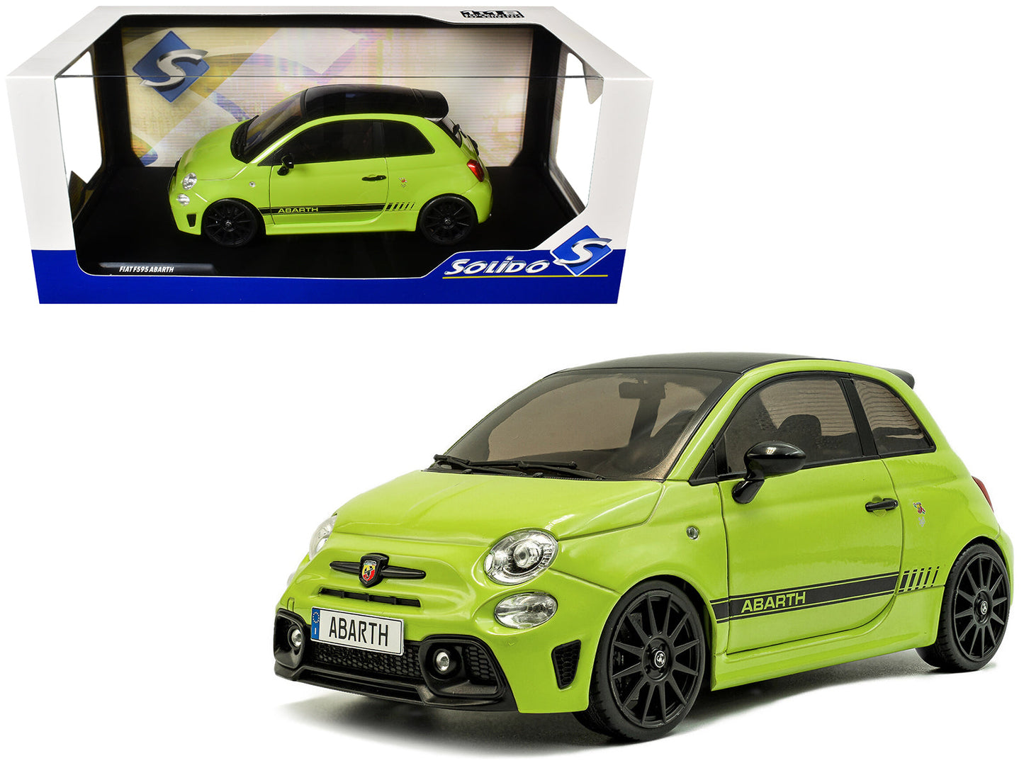 2023 Fiat F595 Abarth Verde Adrenalina Green with Black Top and Stripes 1/18 Diecast Model Car