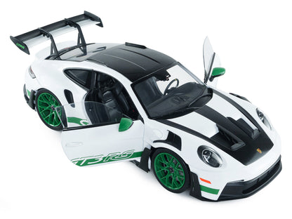 2024 Porsche 911 GT3 RS "Tribute to Carrera RS Package" White with Carbon Hood Stripes and Top and Green Side Stripes and Wheels 1/18 Diecast Model Car