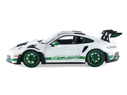 2024 Porsche 911 GT3 RS "Tribute to Carrera RS Package" White with Carbon Hood Stripes and Top and Green Side Stripes and Wheels 1/18 Diecast Model Car