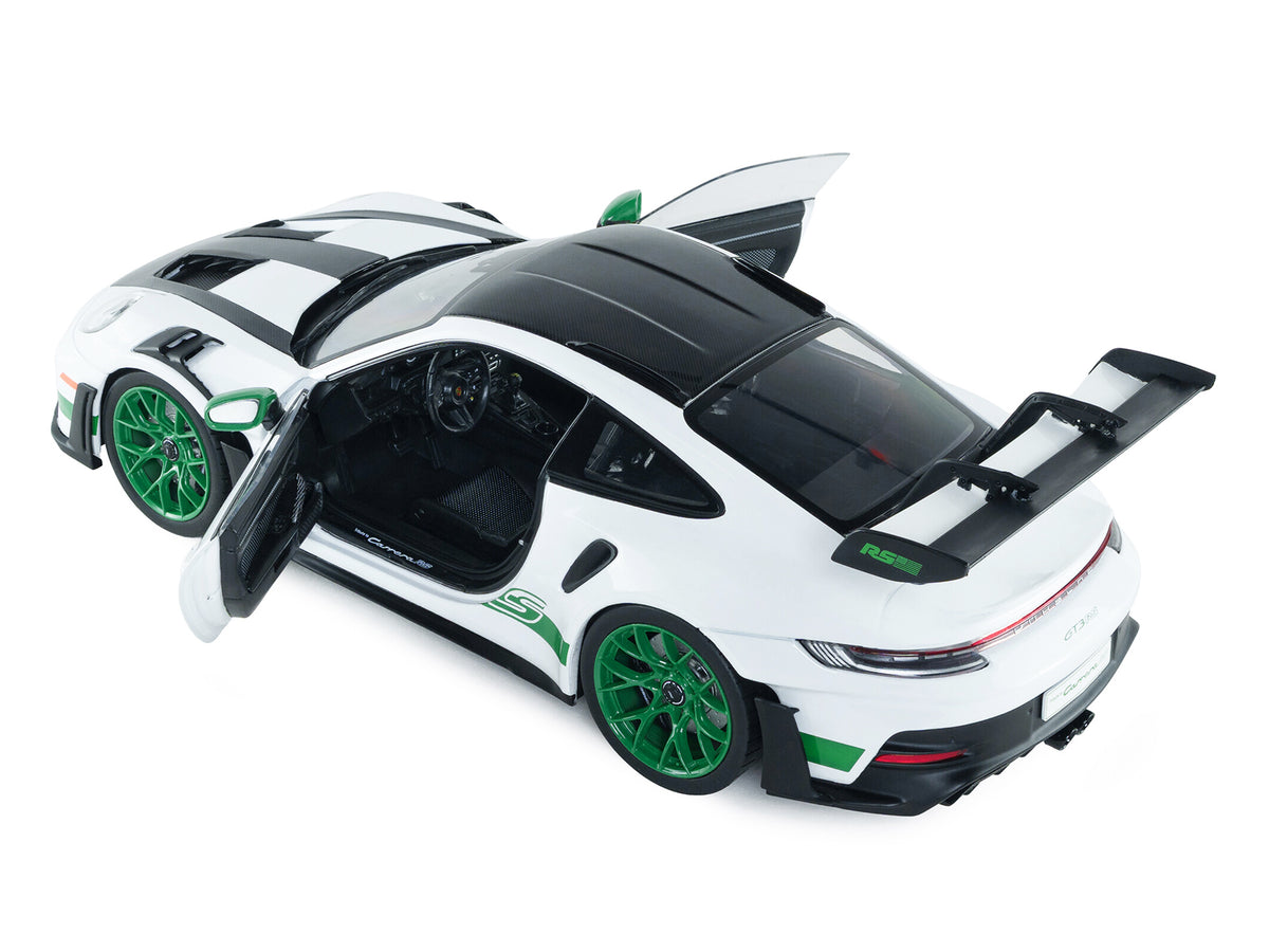 2024 Porsche 911 GT3 RS "Tribute to Carrera RS Package" White with Carbon Hood Stripes and Top and Green Side Stripes and Wheels 1/18 Diecast Model Car