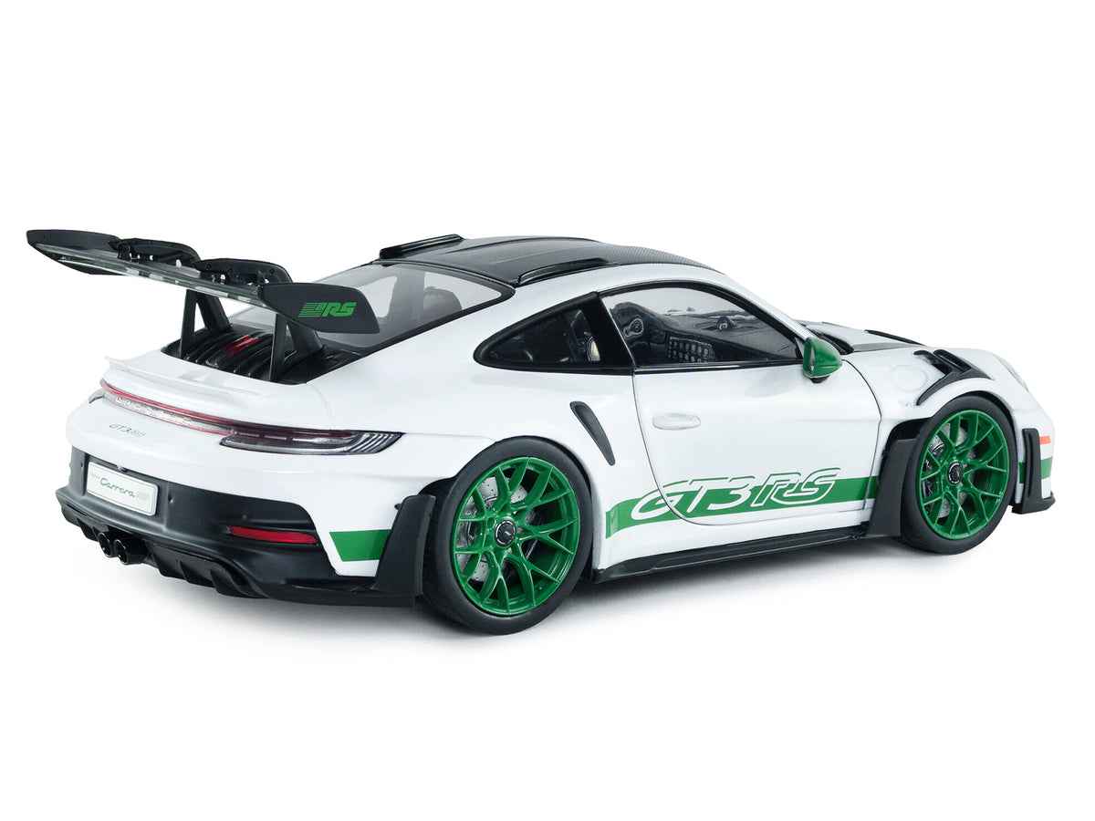 2024 Porsche 911 GT3 RS "Tribute to Carrera RS Package" White with Carbon Hood Stripes and Top and Green Side Stripes and Wheels 1/18 Diecast Model Car