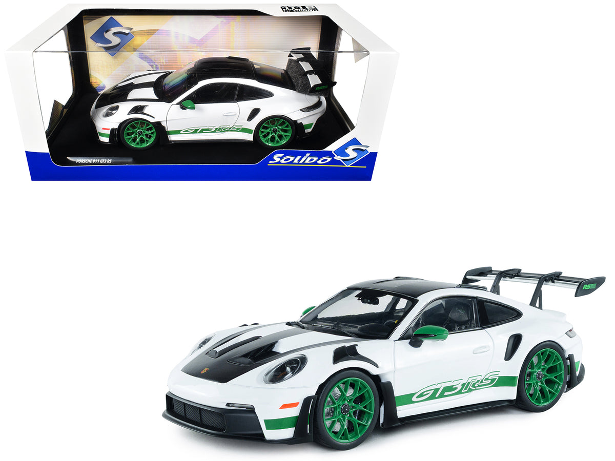 2024 Porsche 911 GT3 RS "Tribute to Carrera RS Package" White with Carbon Hood Stripes and Top and Green Side Stripes and Wheels 1/18 Diecast Model Car