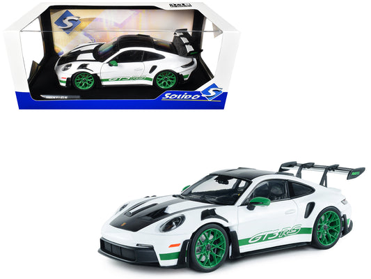 2024 Porsche 911 GT3 RS "Tribute to Carrera RS Package" White with Carbon Hood Stripes and Top and Green Side Stripes and Wheels 1/18 Diecast Model Car