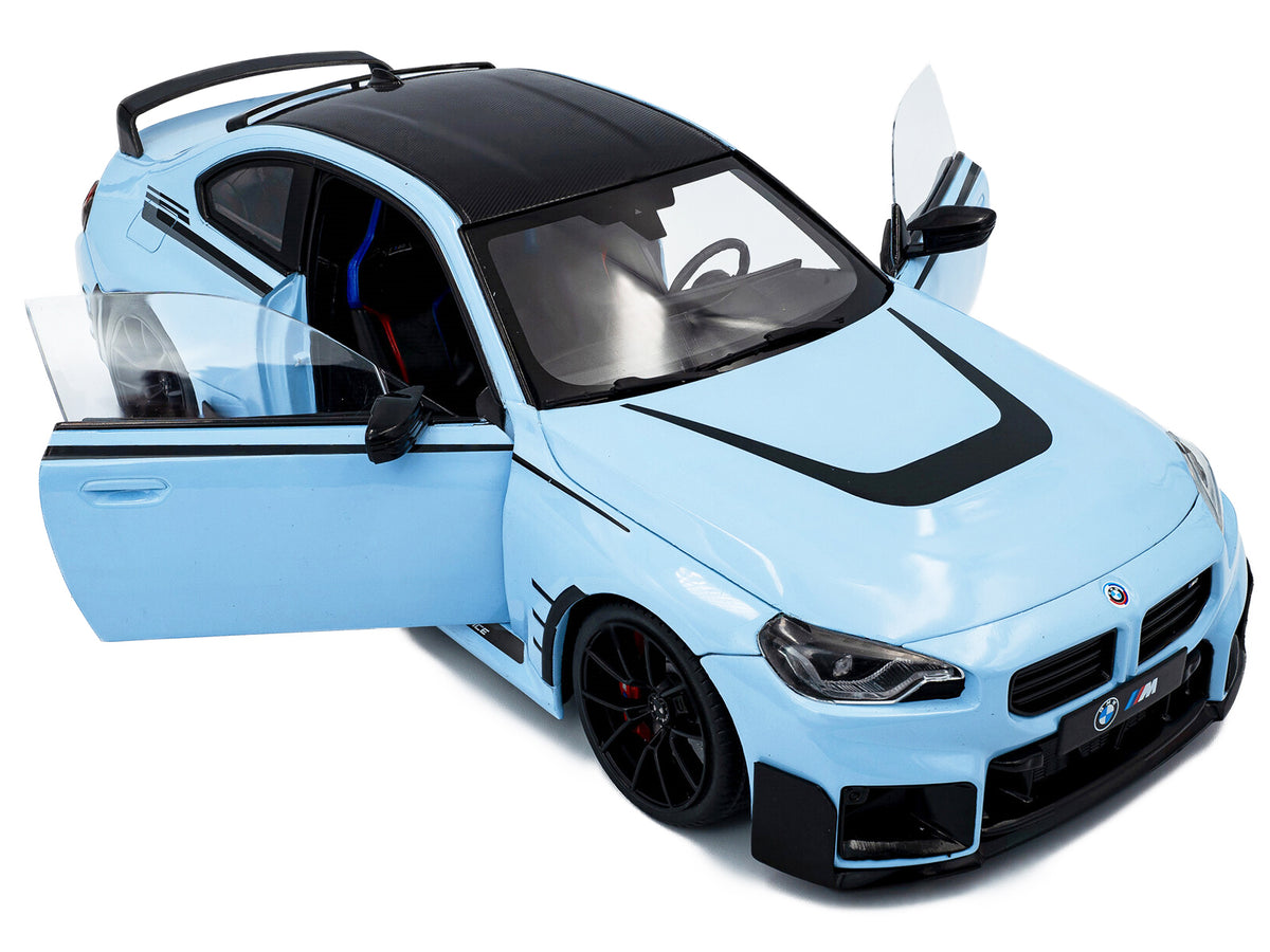 2024 BMW M2 Performance Parts Zandvoort Blue with Carbon Top and Black Stripes 1/18 Diecast Model Car