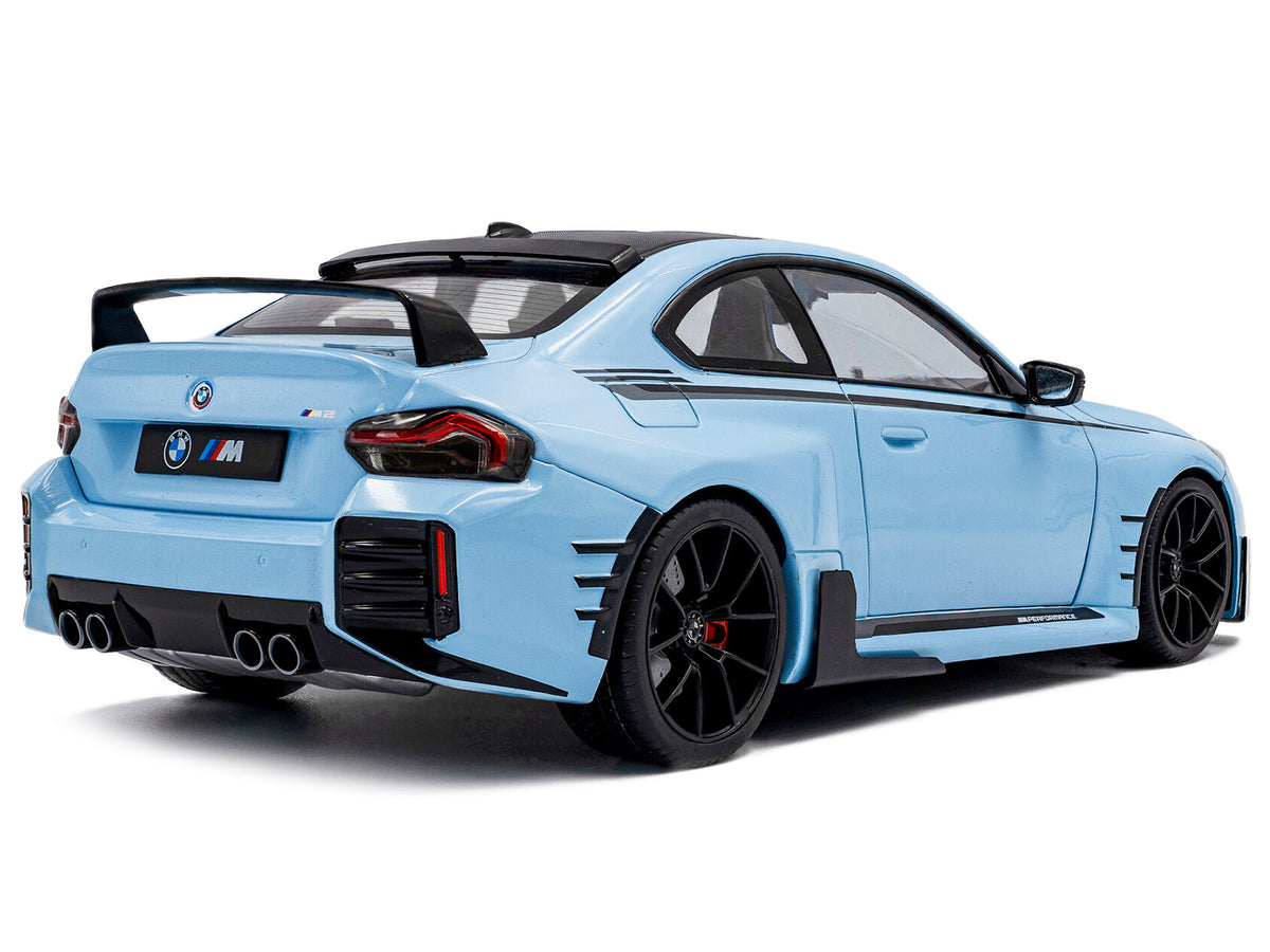 2024 BMW M2 Performance Parts Zandvoort Blue with Carbon Top and Black Stripes 1/18 Diecast Model Car