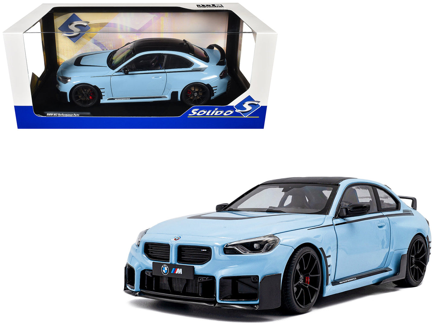 2024 BMW M2 Performance Parts Zandvoort Blue with Carbon Top and Black Stripes 1/18 Diecast Model Car