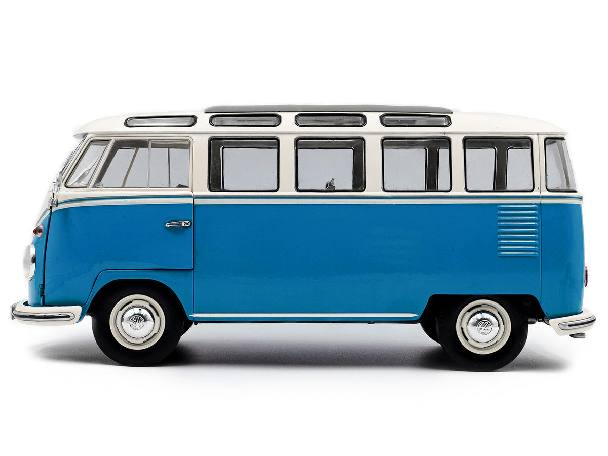1962 Volkswagen T1 Samba Bus Baby Blue and White 1/18 Diecast Model Car