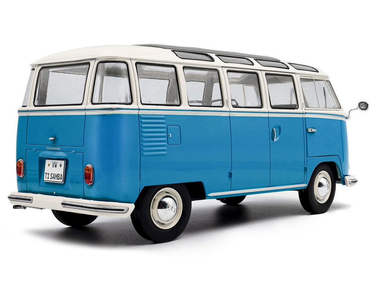 1962 Volkswagen T1 Samba Bus Baby Blue and White 1/18 Diecast Model Car